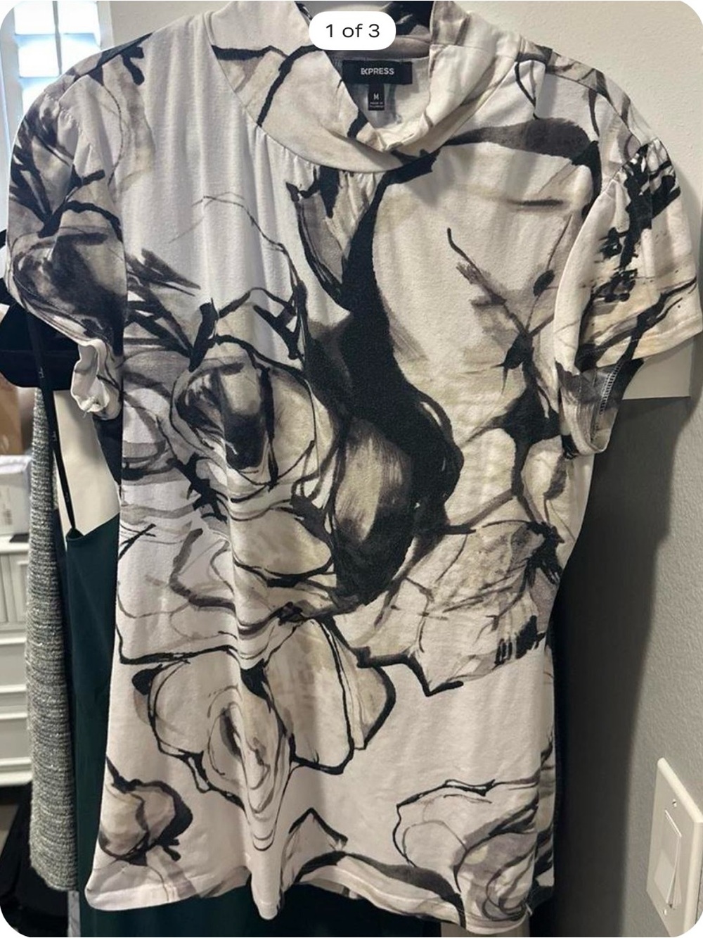 Express Black & White Floral Short Sleeve Tee with Cowl Neck